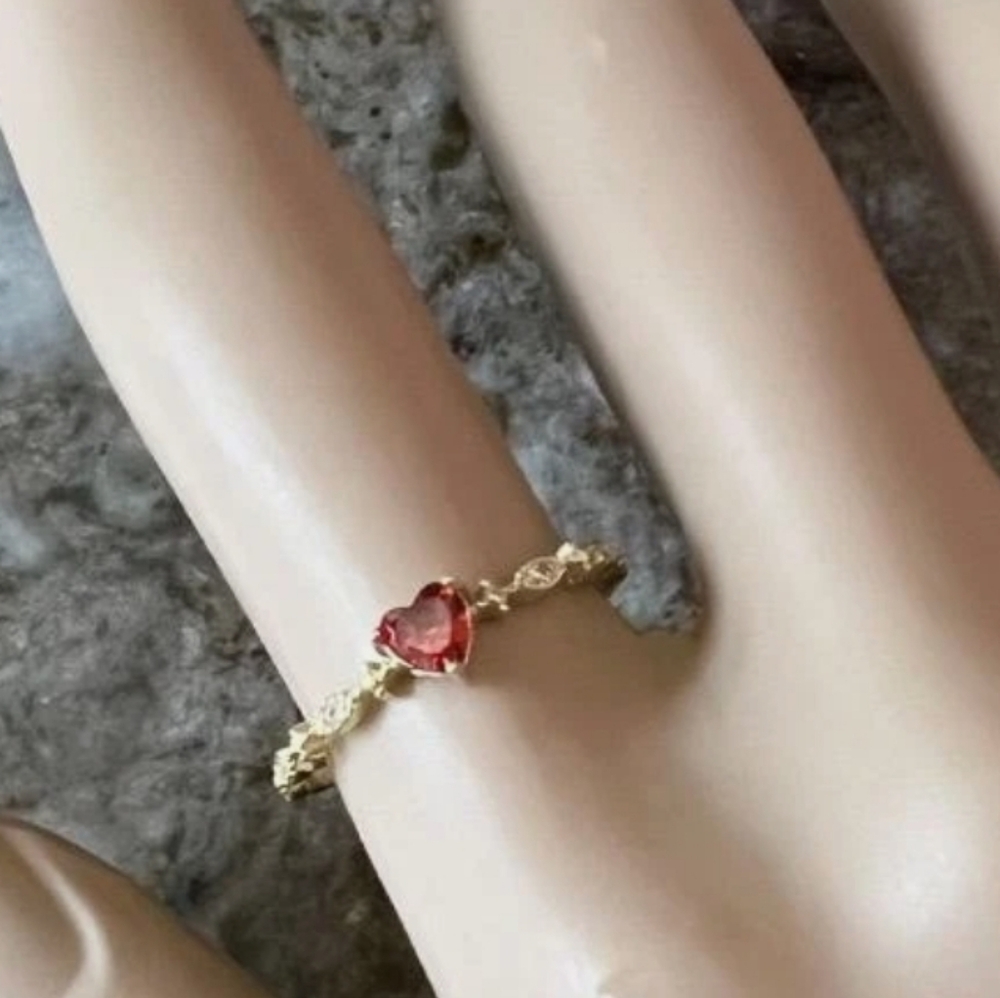 Dainty Red Heart Cubic Zirconia Gold Ring - Picture 3 of 5